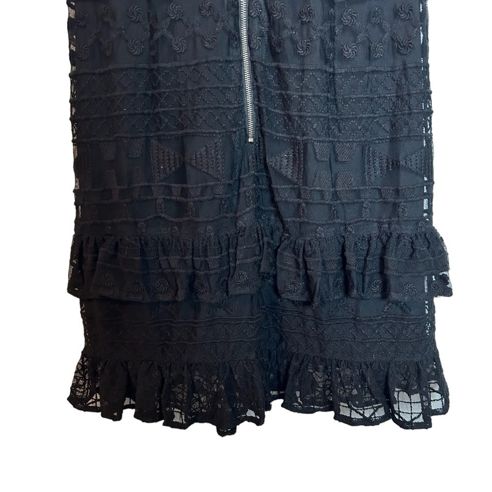 Parker Short Sleeve Lace & Lace Up Front Tiered Ruffled BLACK Lined Midi Dress - Picture 7 of 16
